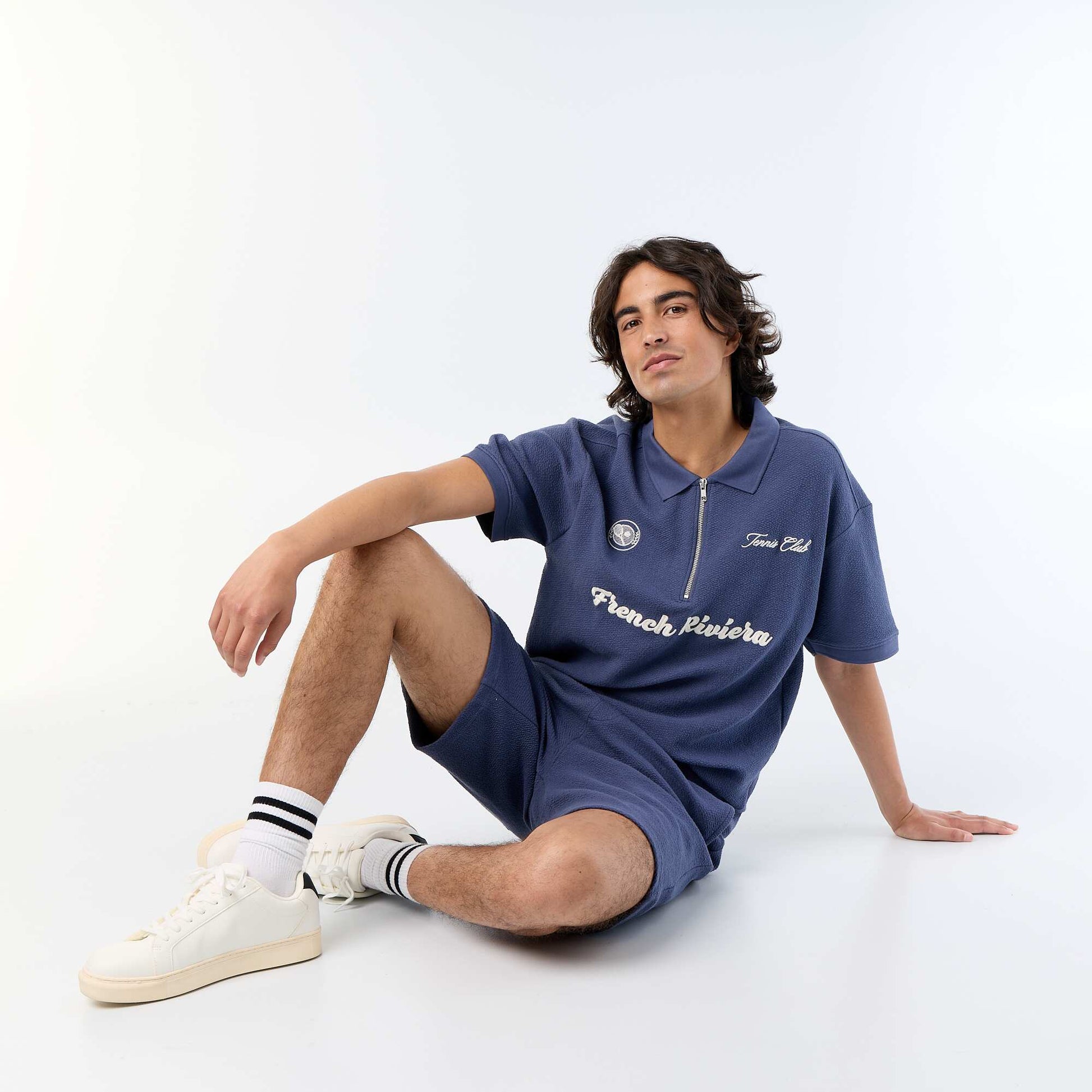 Polo homme manche courte en coton à motif placé BLEU
