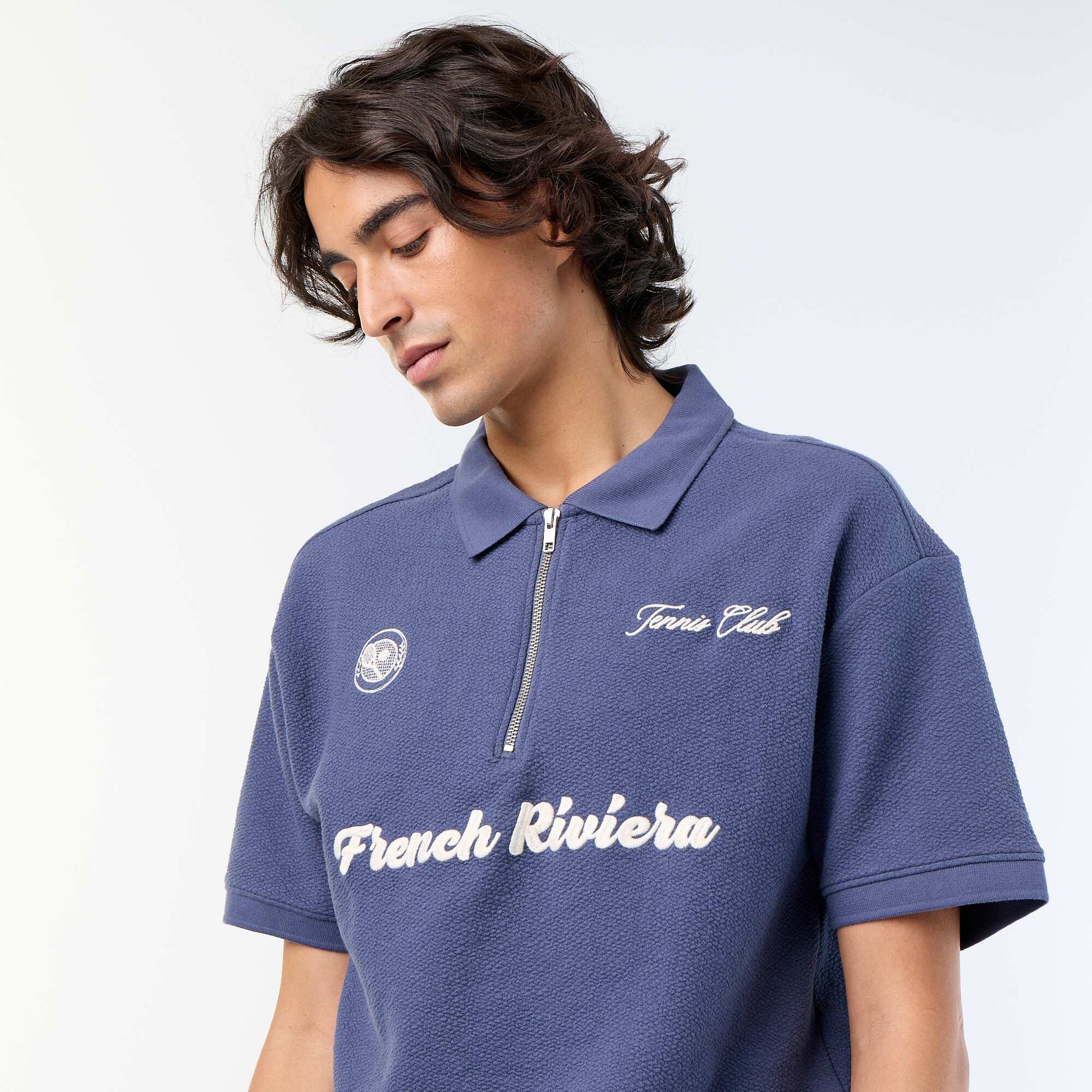 Polo homme manche courte en coton à motif placé BLEU