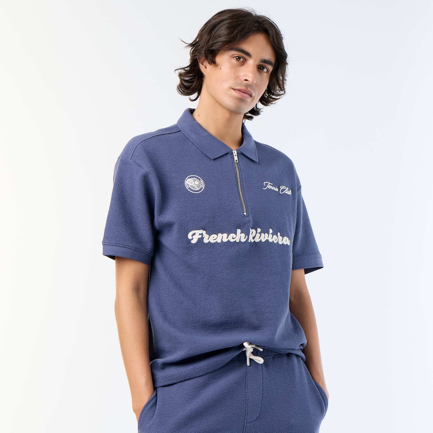 Polo homme manche courte en coton à motif placé BLEU