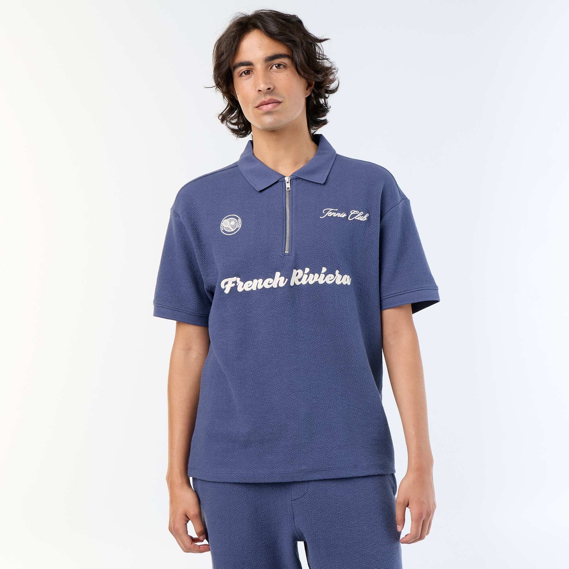 Polo homme manche courte en coton à motif placé BLEU