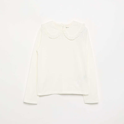 T-shirt à manches longues avec col en broderies anglaises BLANC