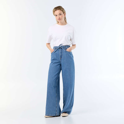 Jean wide leg / coupe large avec ceinture à nouer BLEU