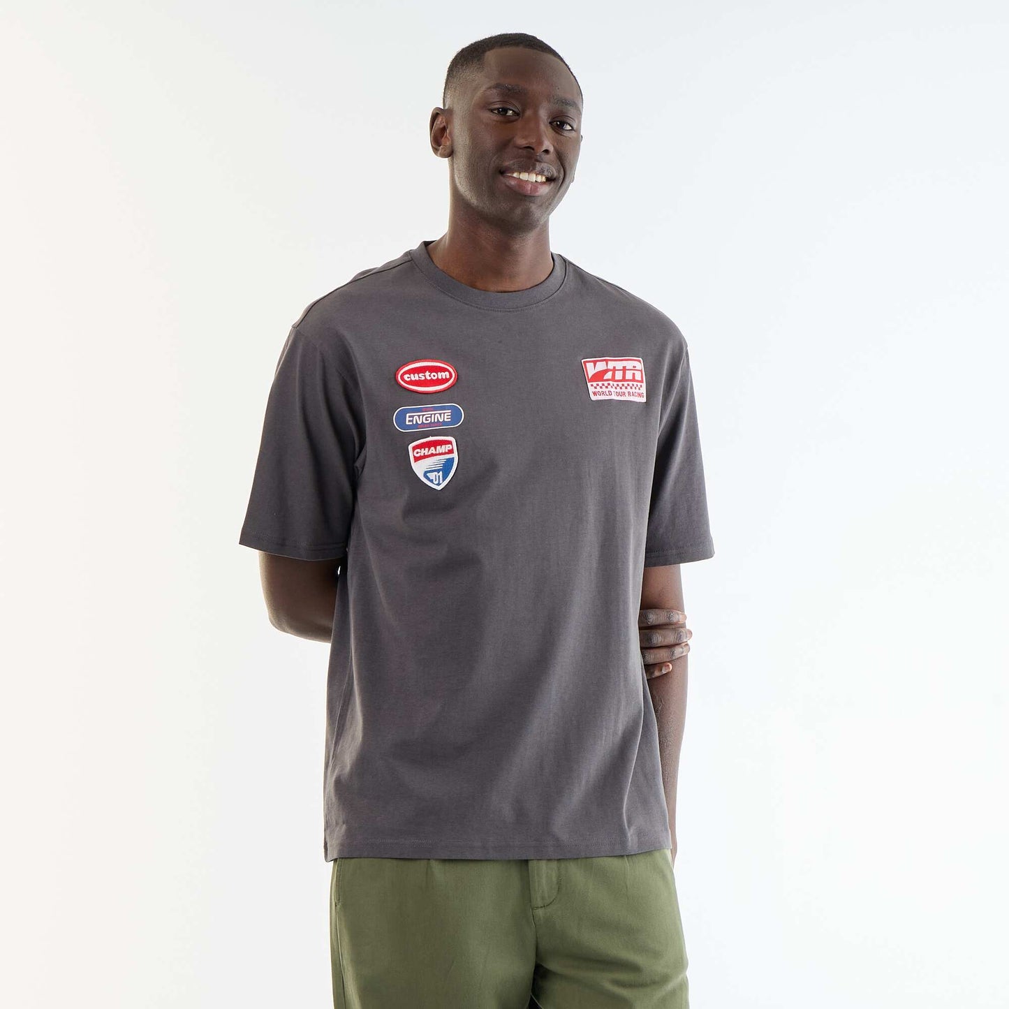 T-shirt homme en coton à broderie et col rond GRIS