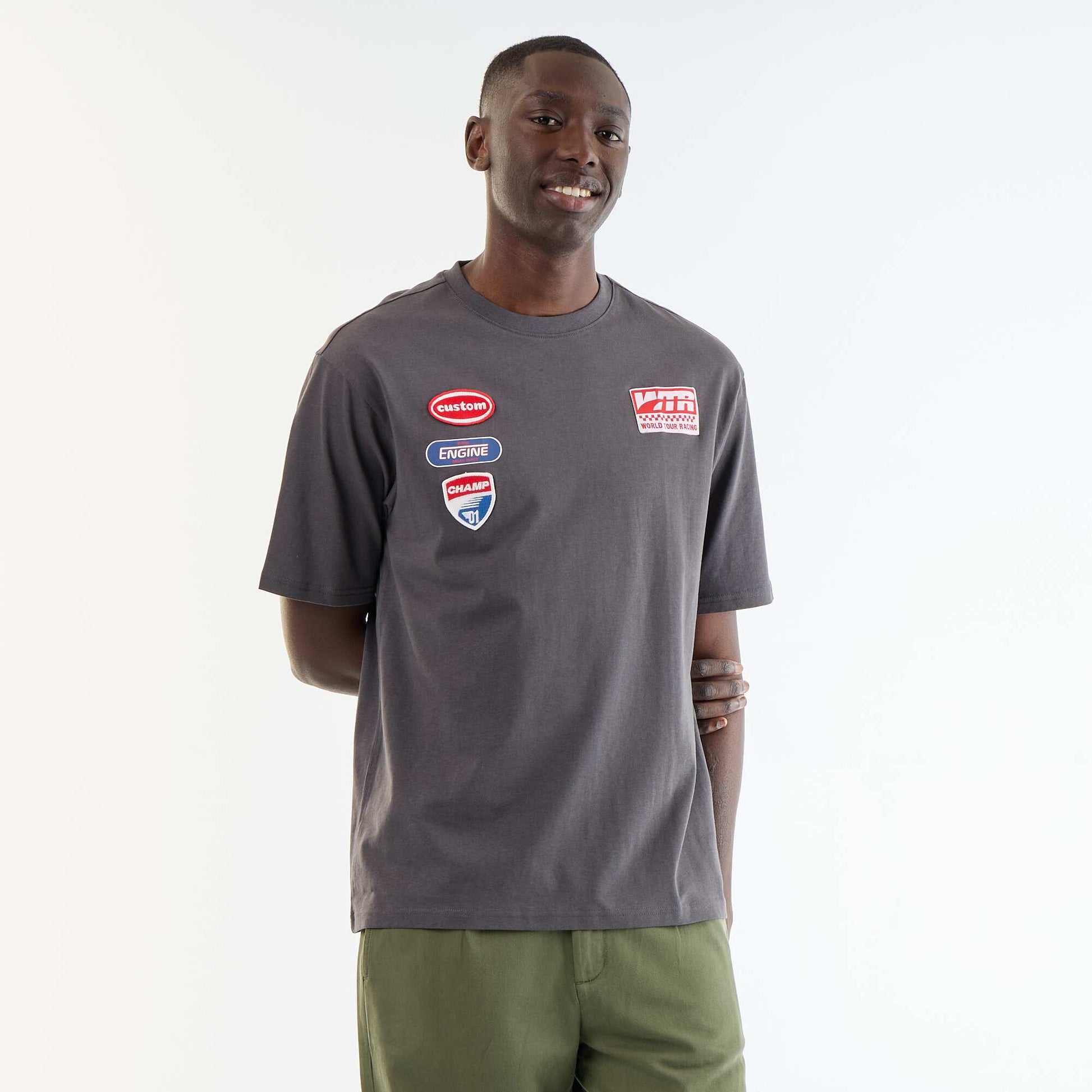 T-shirt homme en coton à broderie et col rond GRIS