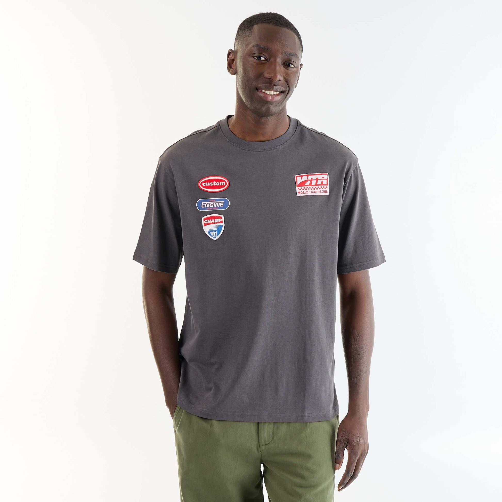 T-shirt homme en coton à broderie et col rond GRIS