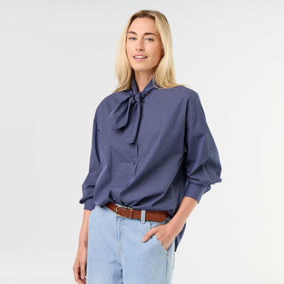 Chemise ample à manches longues et col lavallière BLEU