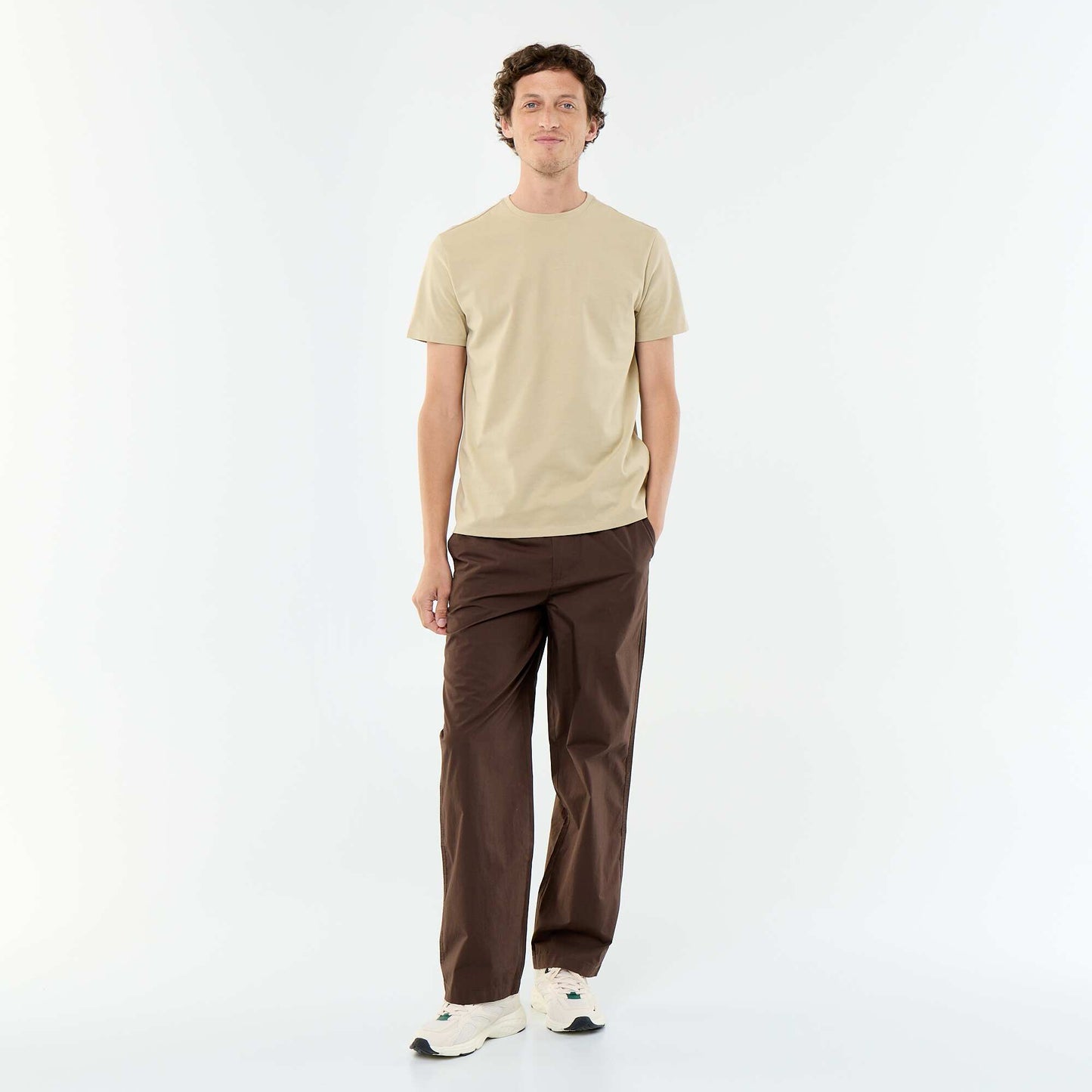 Pantalon large uni en popeline MARRON