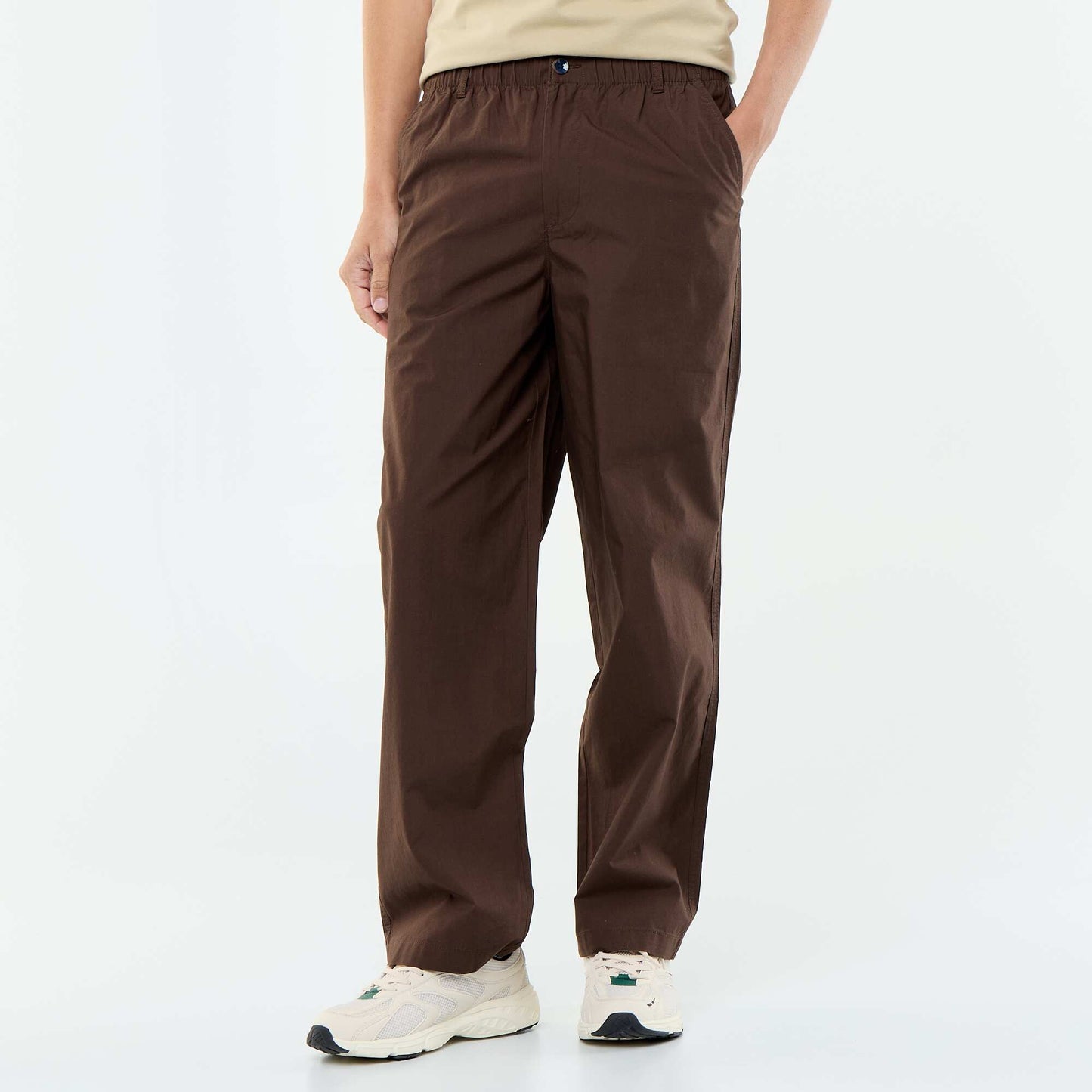 Pantalon large uni en popeline MARRON