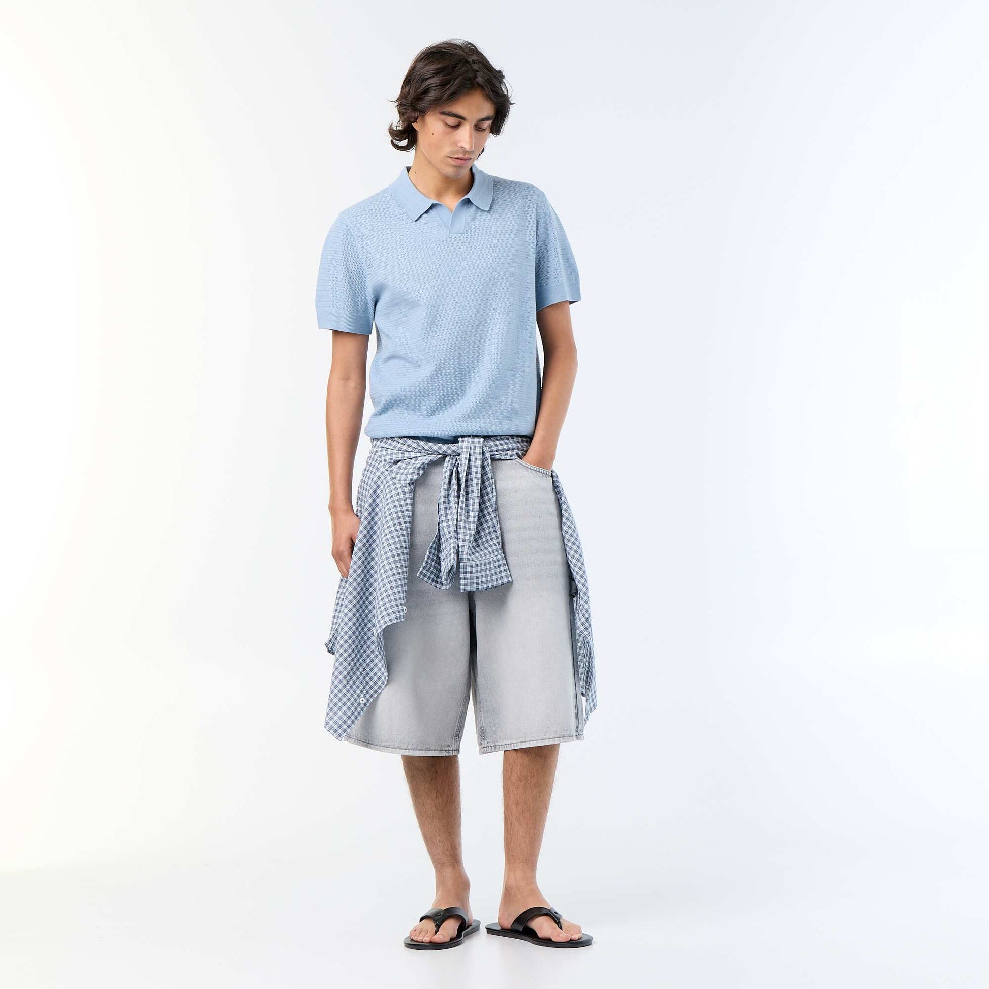 Polo manches courtes à maille ajourée BLEU