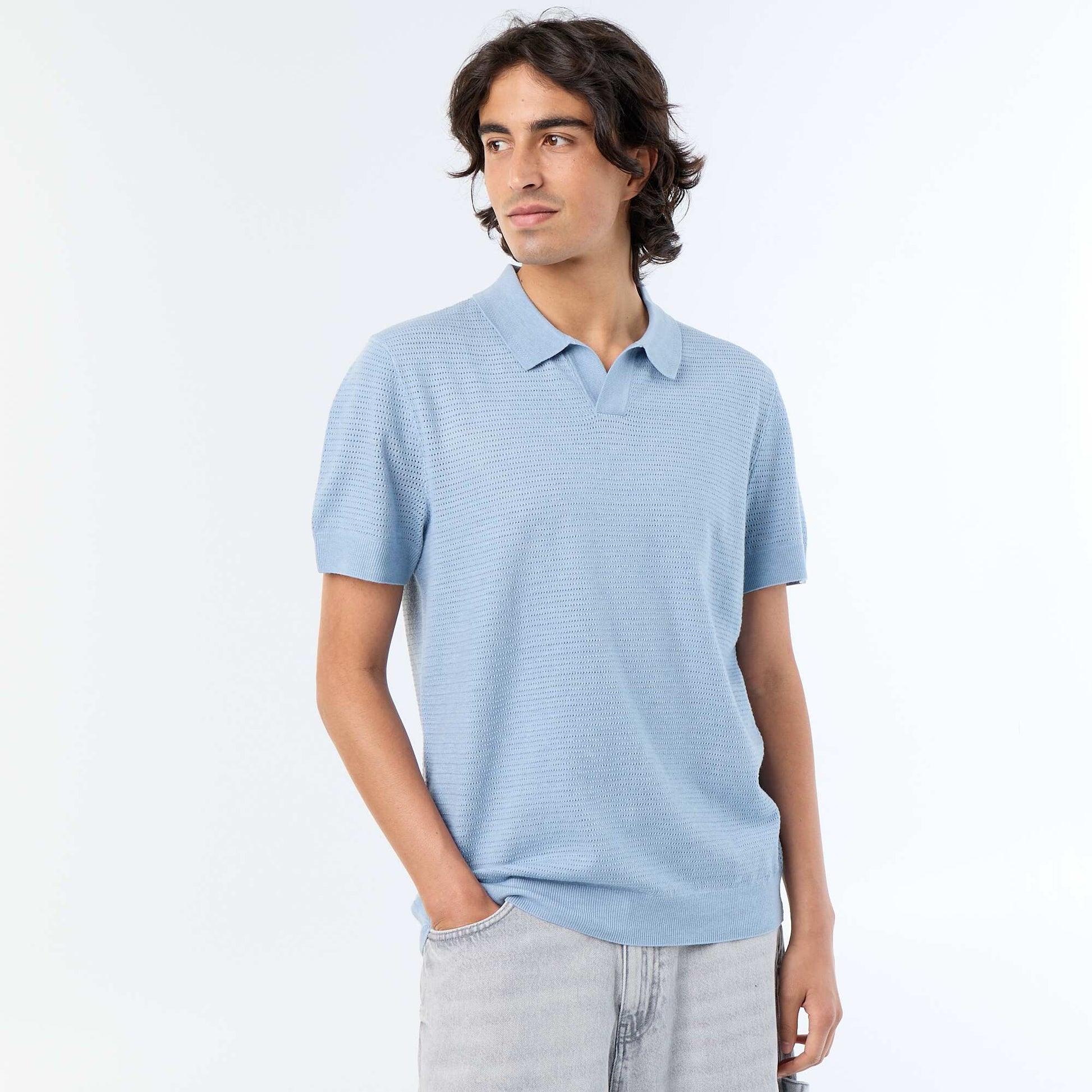 Polo manches courtes à maille ajourée BLEU