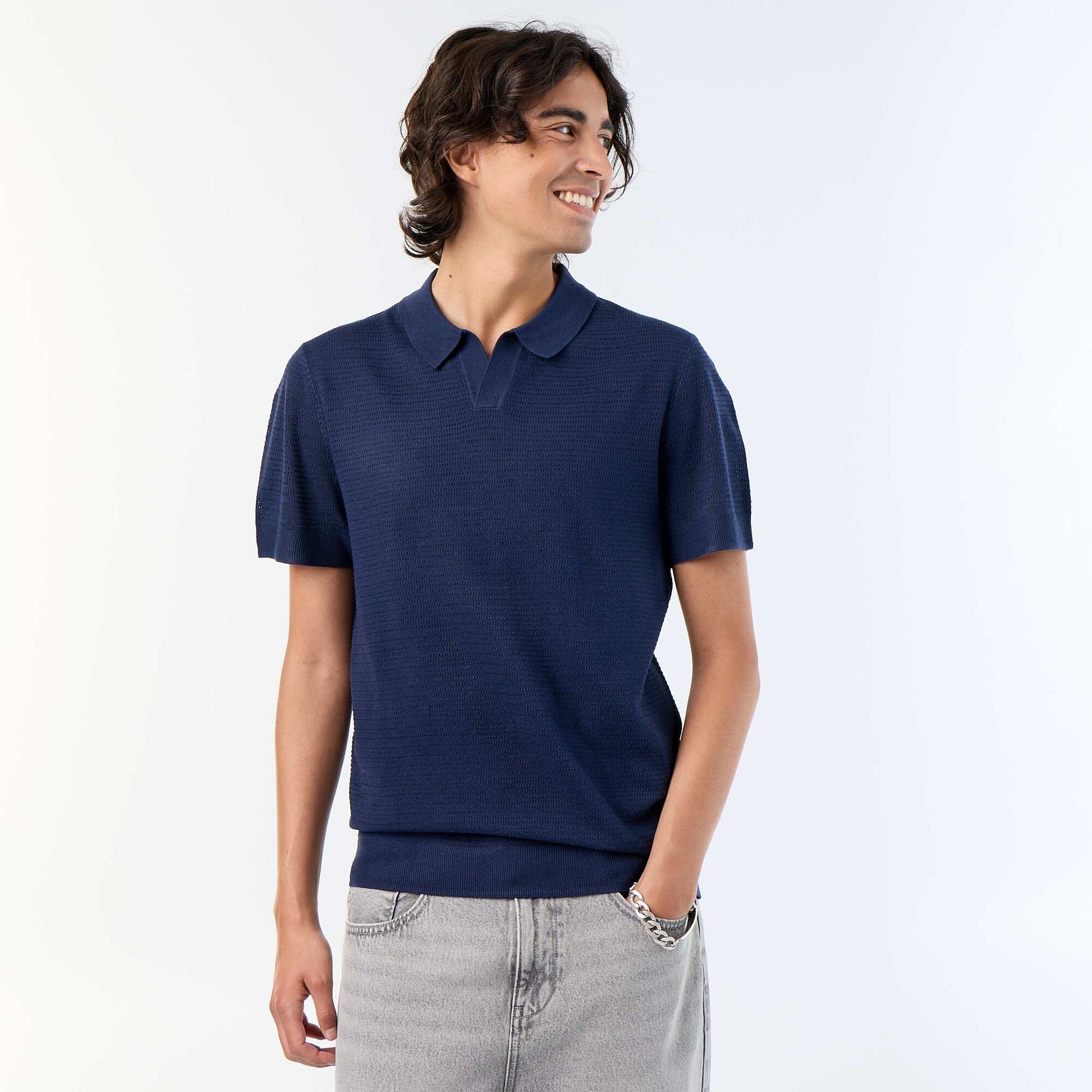 Polo manches courtes à maille ajourée NOIR