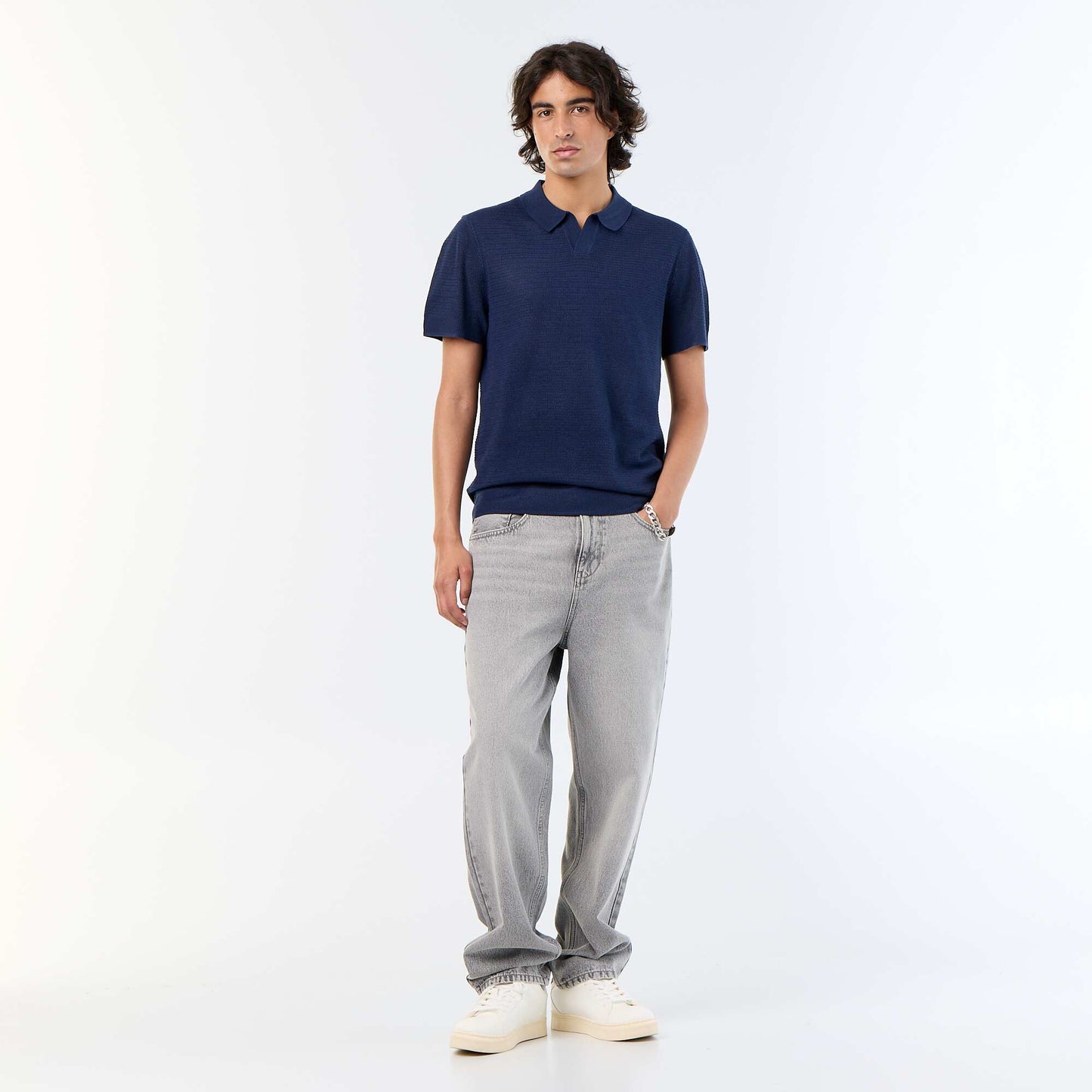 Polo manches courtes à maille ajourée NOIR