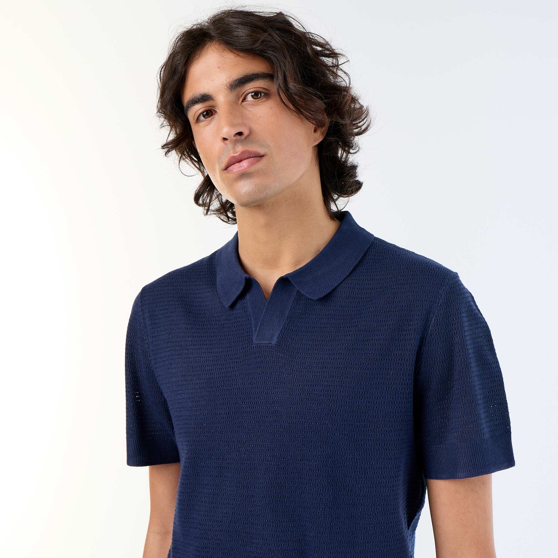 Polo manches courtes à maille ajourée NOIR