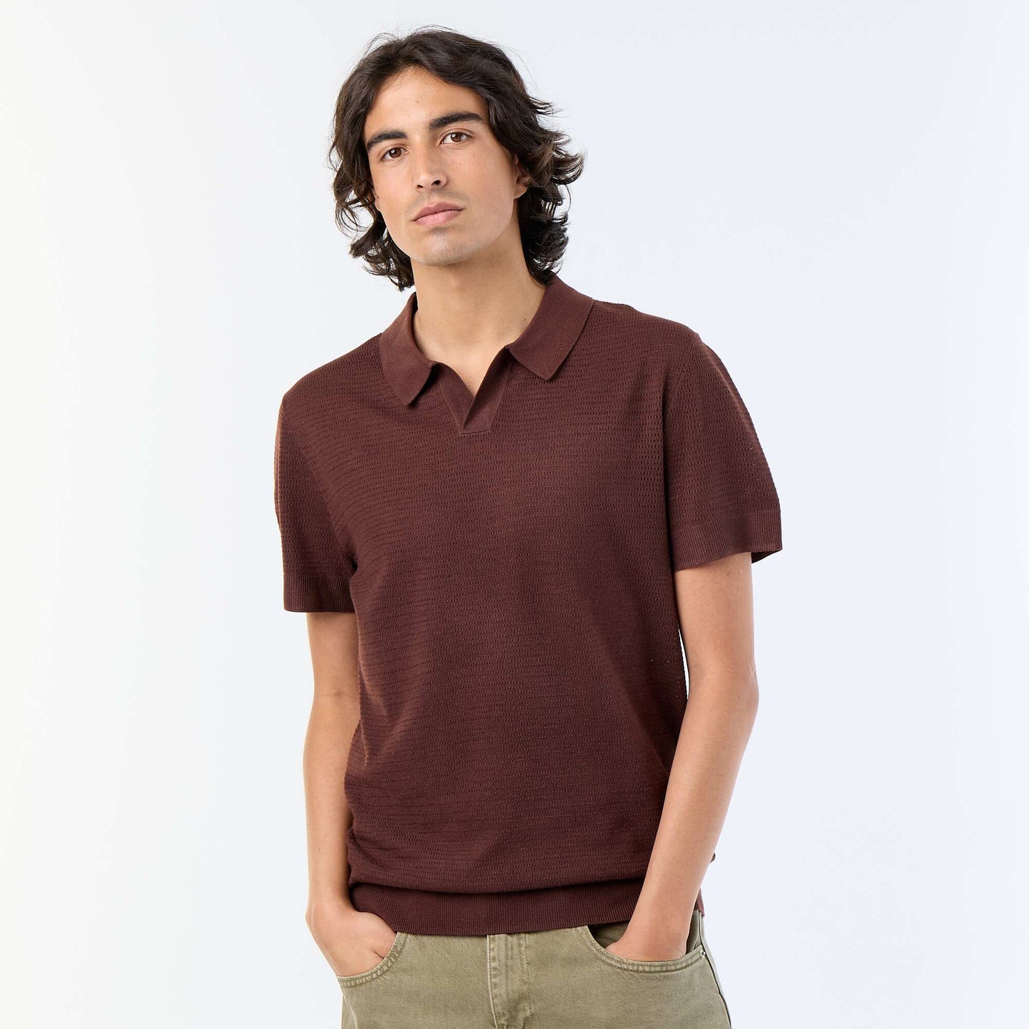 Polo manches courtes à maille ajourée MARRON