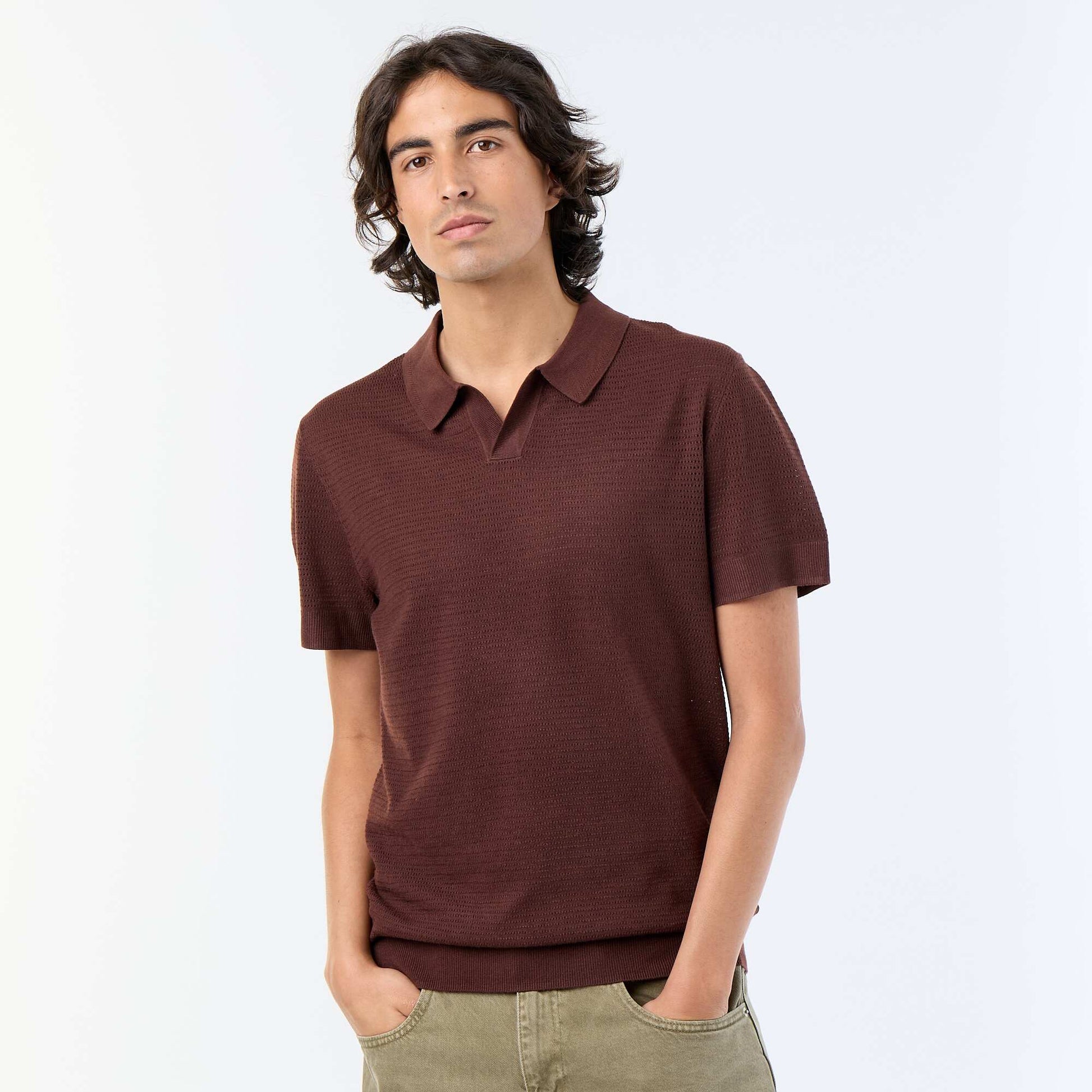 Polo manches courtes à maille ajourée MARRON