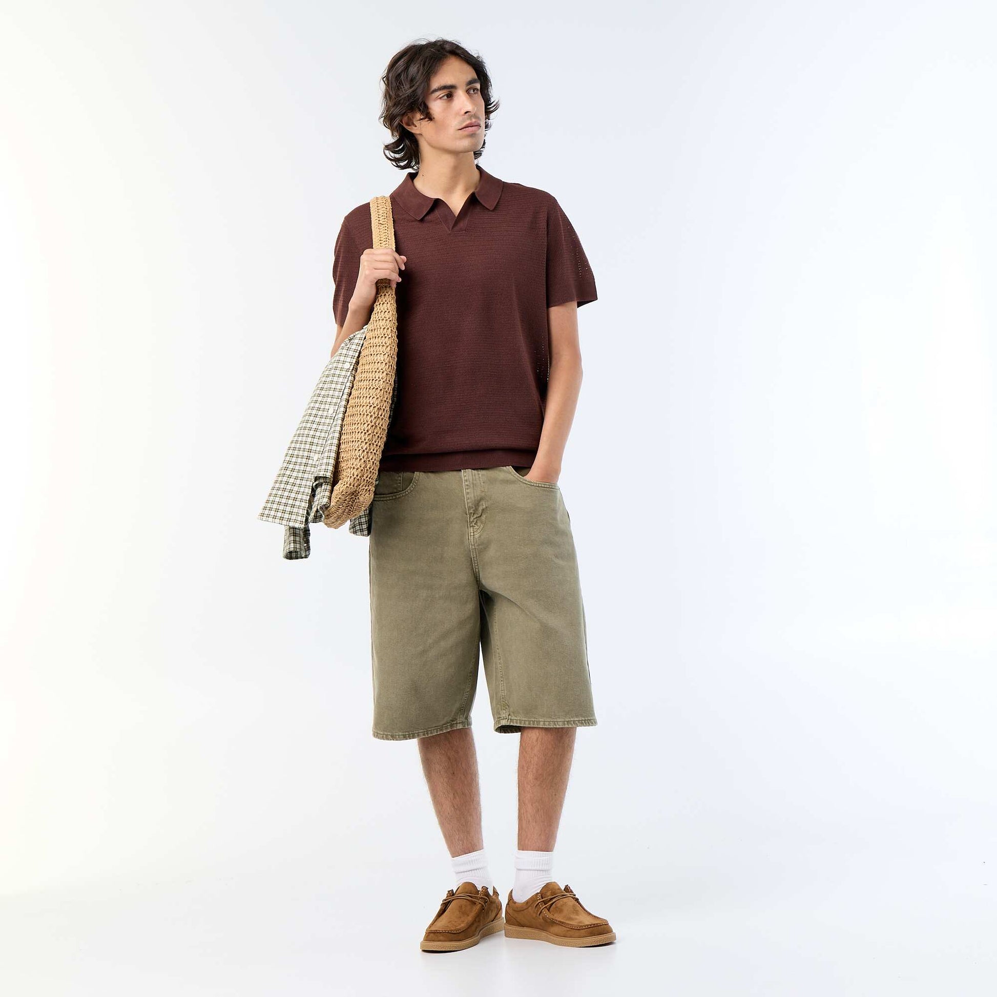 Polo manches courtes à maille ajourée MARRON