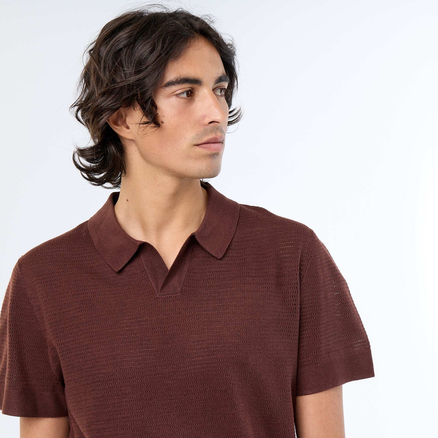 Polo manches courtes à maille ajourée MARRON