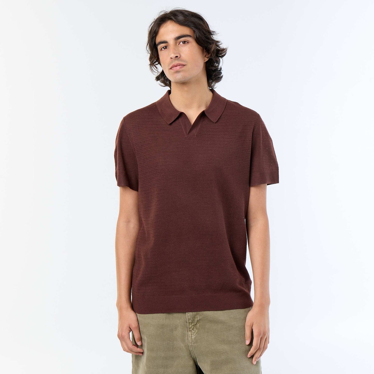Polo manches courtes à maille ajourée MARRON