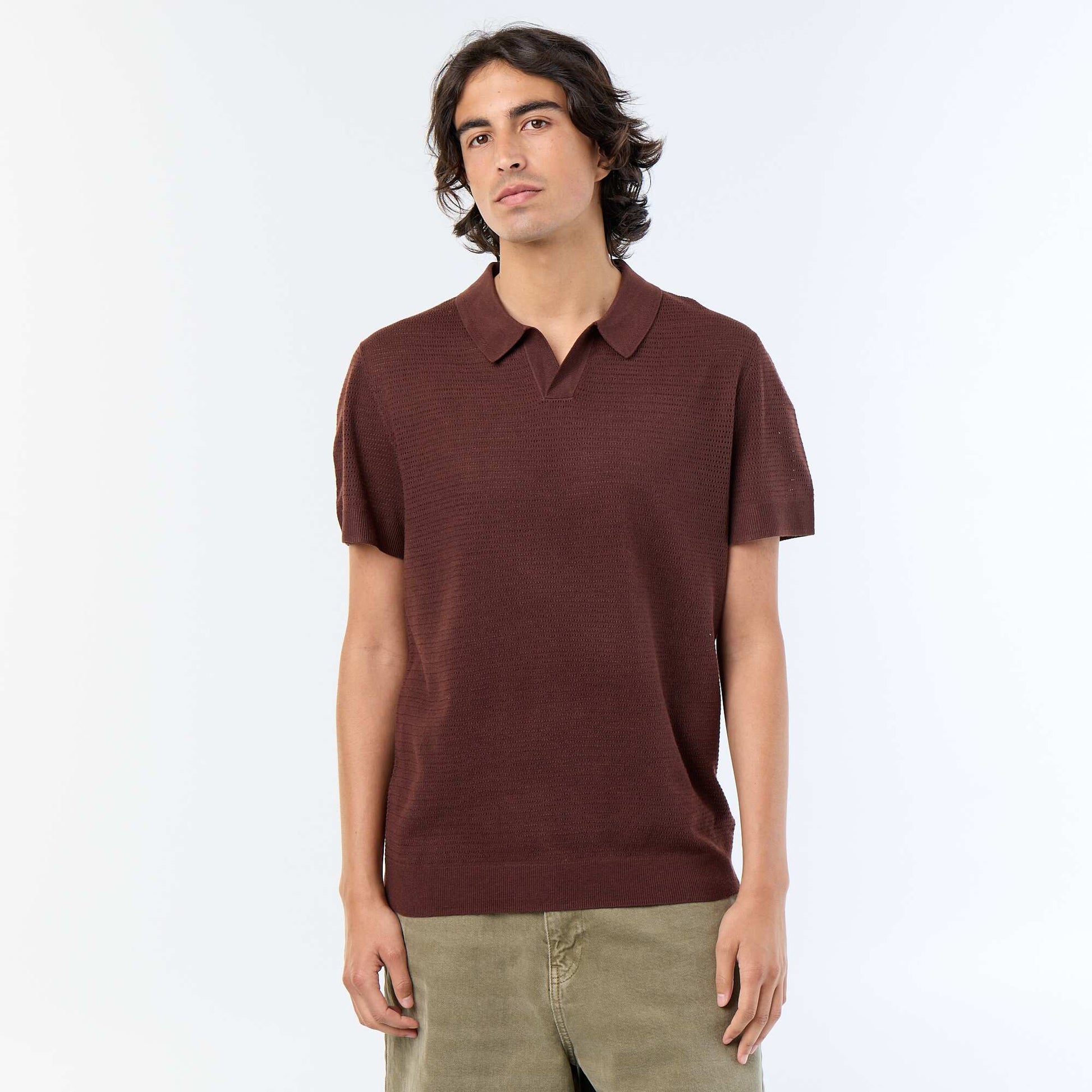 Polo manches courtes à maille ajourée MARRON