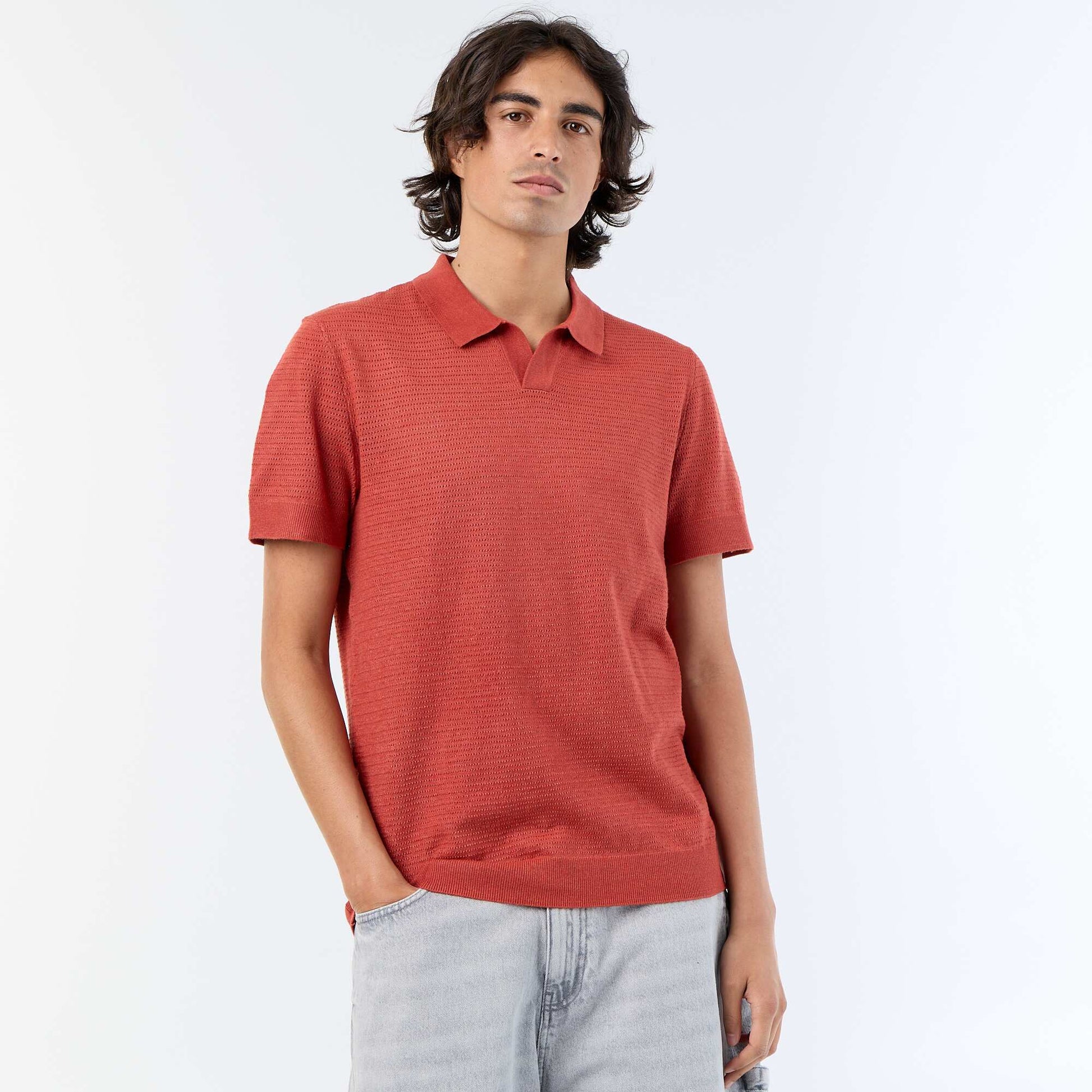 Polo manches courtes à maille ajourée MARRON
