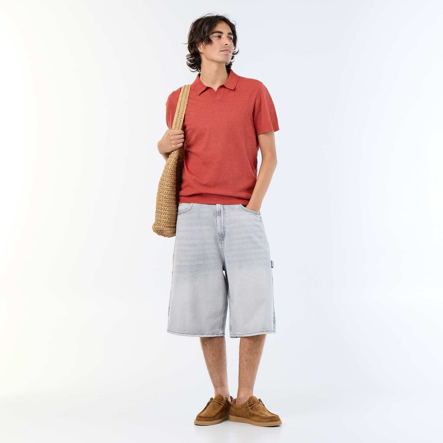Polo manches courtes à maille ajourée MARRON