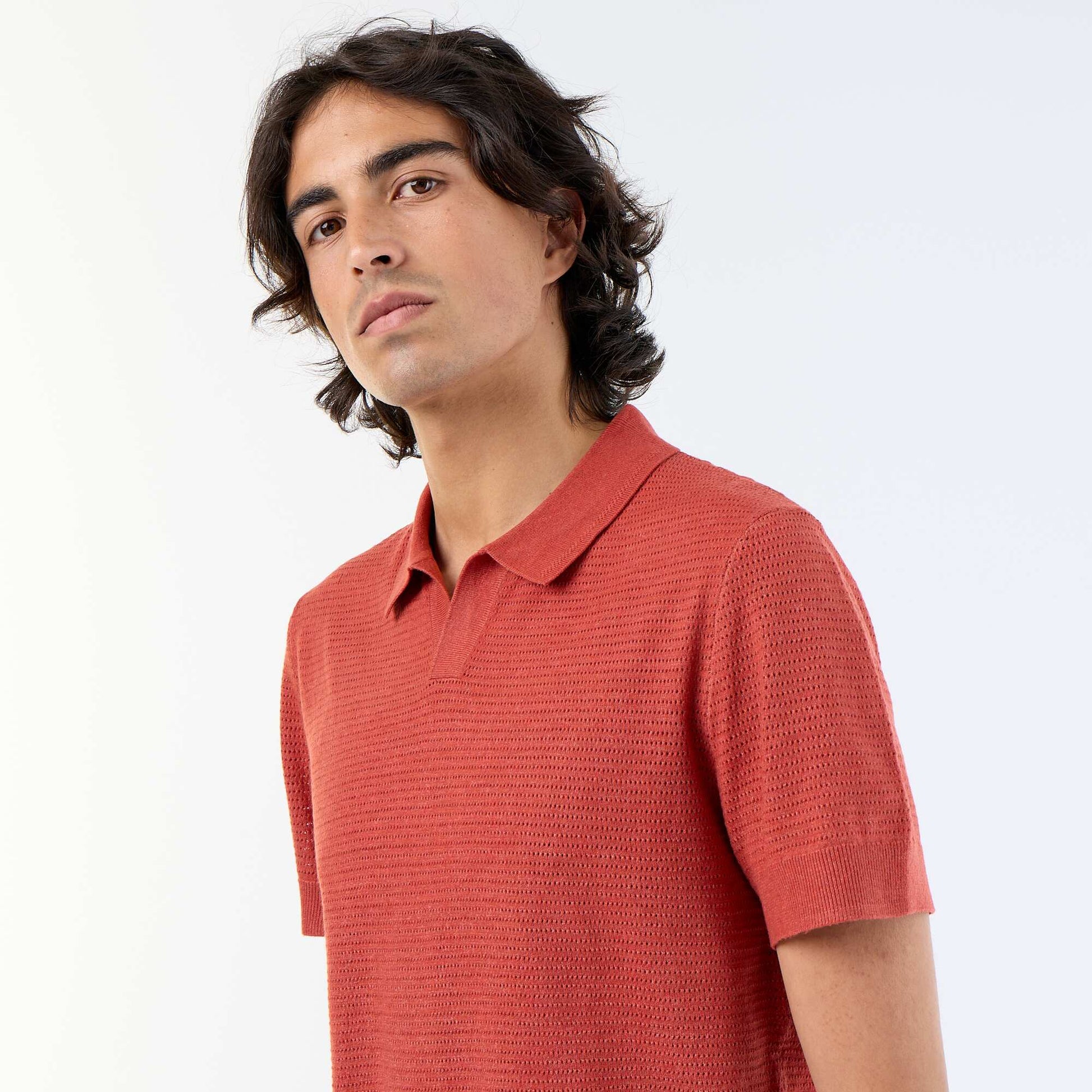 Polo manches courtes à maille ajourée MARRON