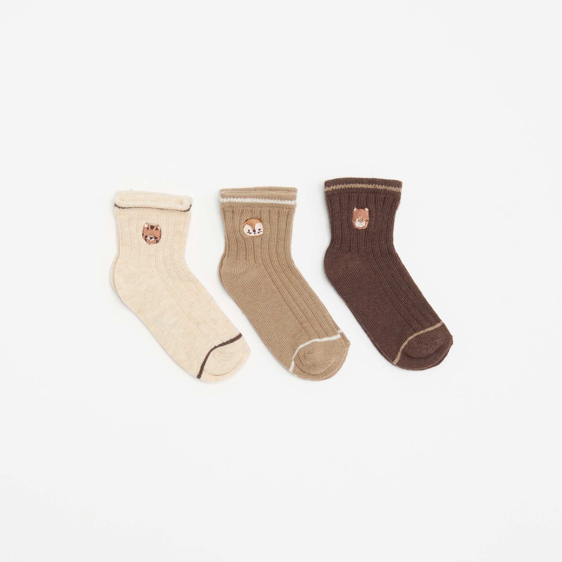 Lot de 3 paires de mi-chaussettes avec broderie fantaisie MARRON