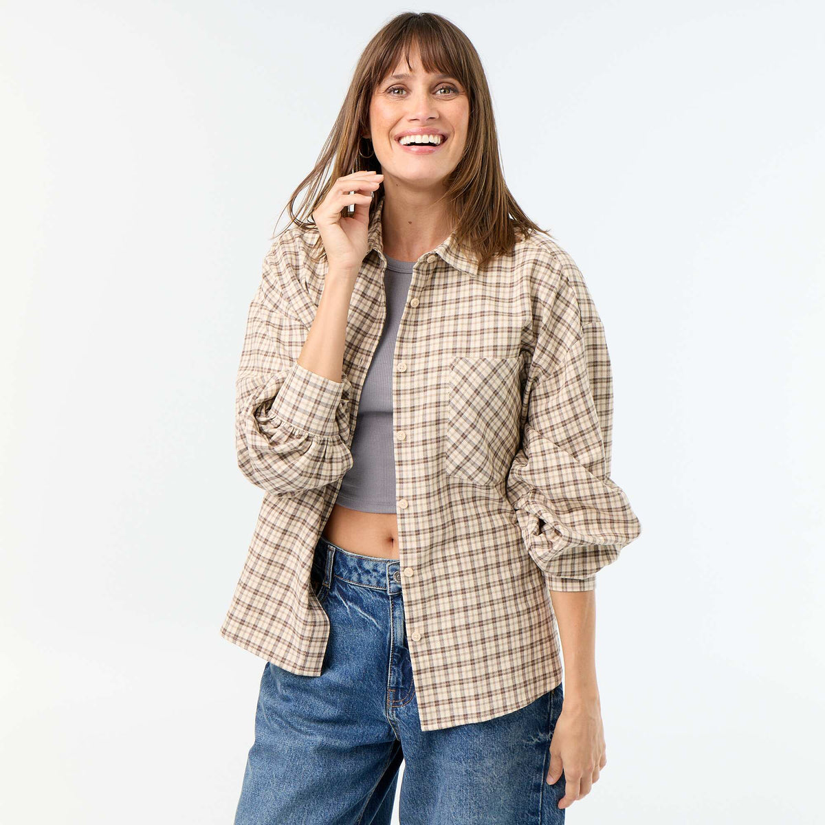 Chemise à carreaux manches longues BEIGE