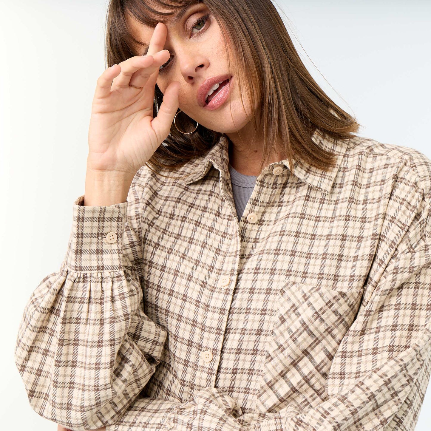 Chemise à carreaux manches longues BEIGE