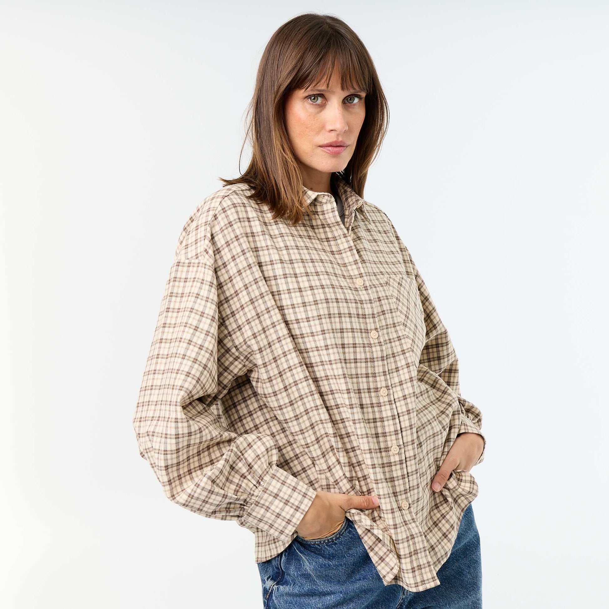 Chemise à carreaux manches longues BEIGE