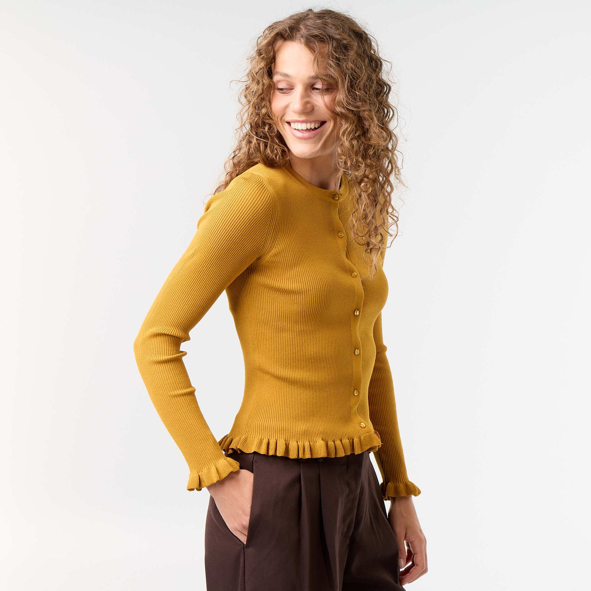 Gilet uni côtelé finitions volantées JAUNE