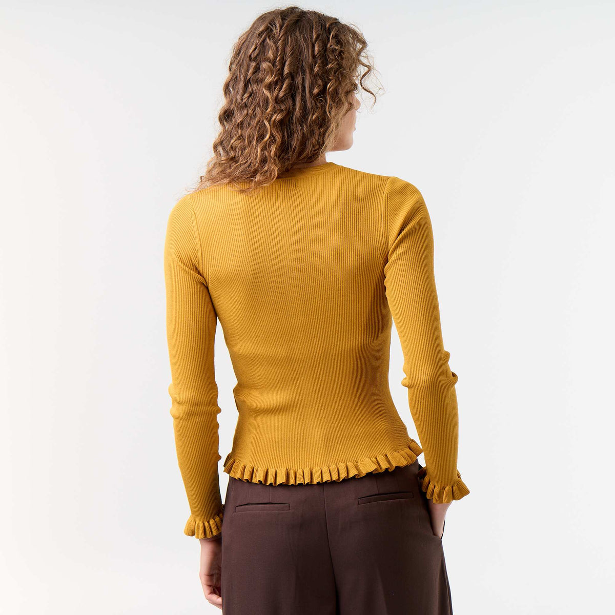 Gilet uni côtelé finitions volantées JAUNE