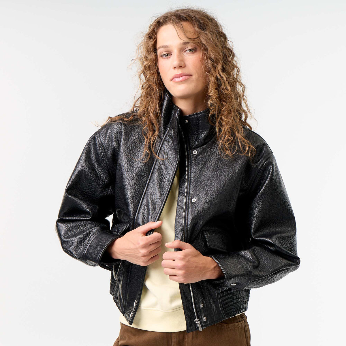 Blouson oversize en simili à col montant NOIR