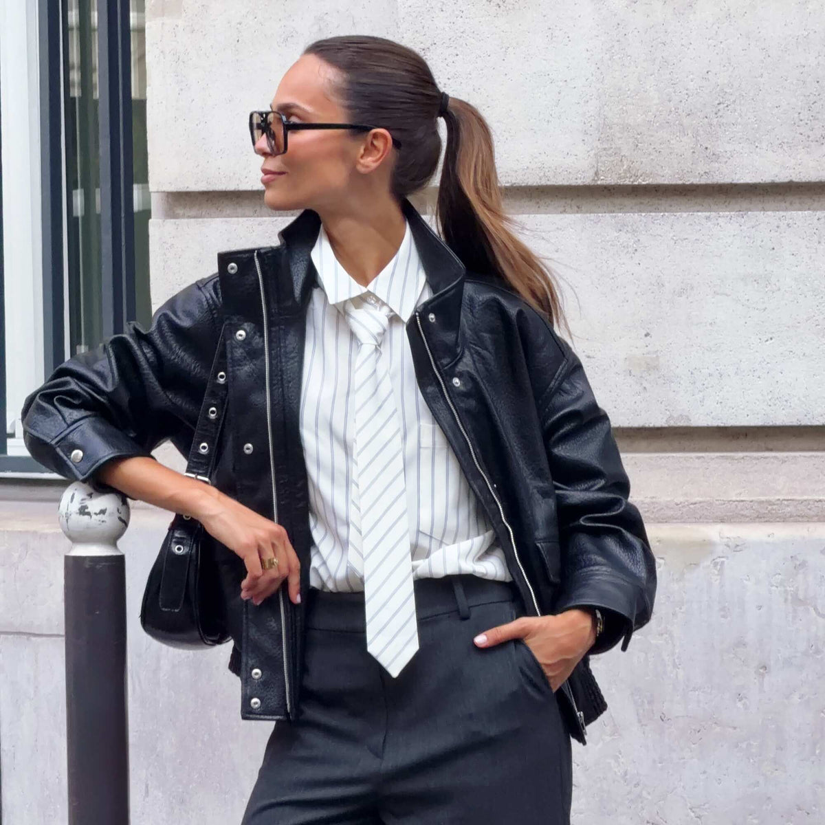 Blouson oversize en simili à col montant NOIR