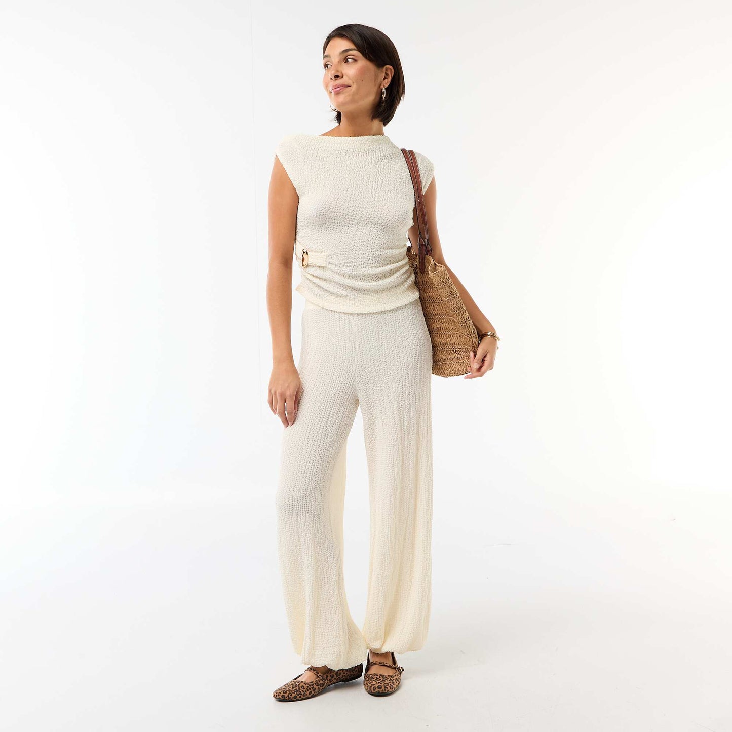 Pantalon balloon en maille crinkle BLANC