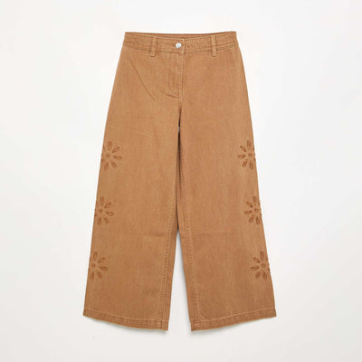 Pantalon ample avec broderies 'fleurs' MARRON