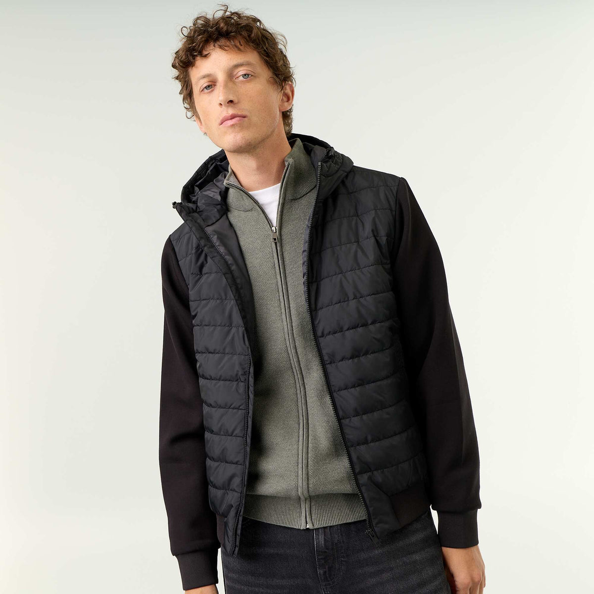 Blouson à capuche zippé bi-matière NOIR