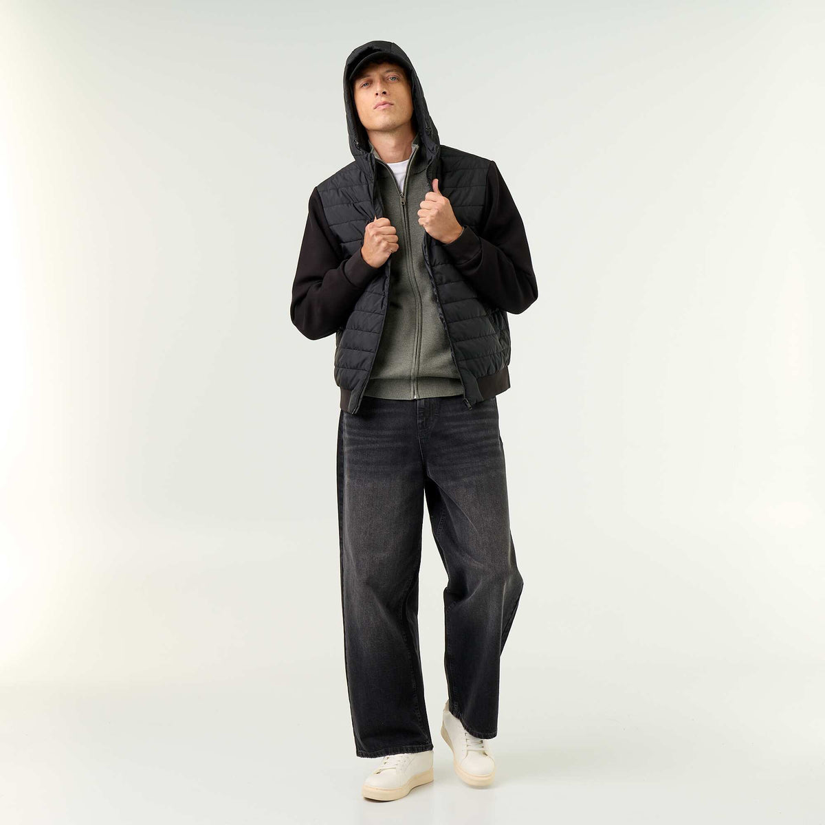 Blouson à capuche zippé bi-matière NOIR