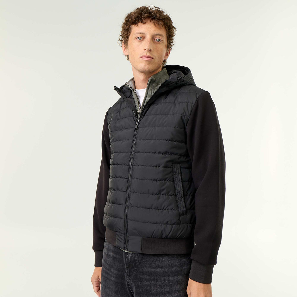 Blouson à capuche zippé bi-matière NOIR
