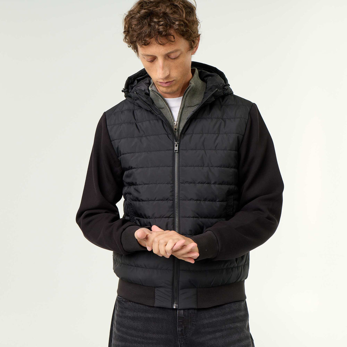 Blouson à capuche zippé bi-matière NOIR