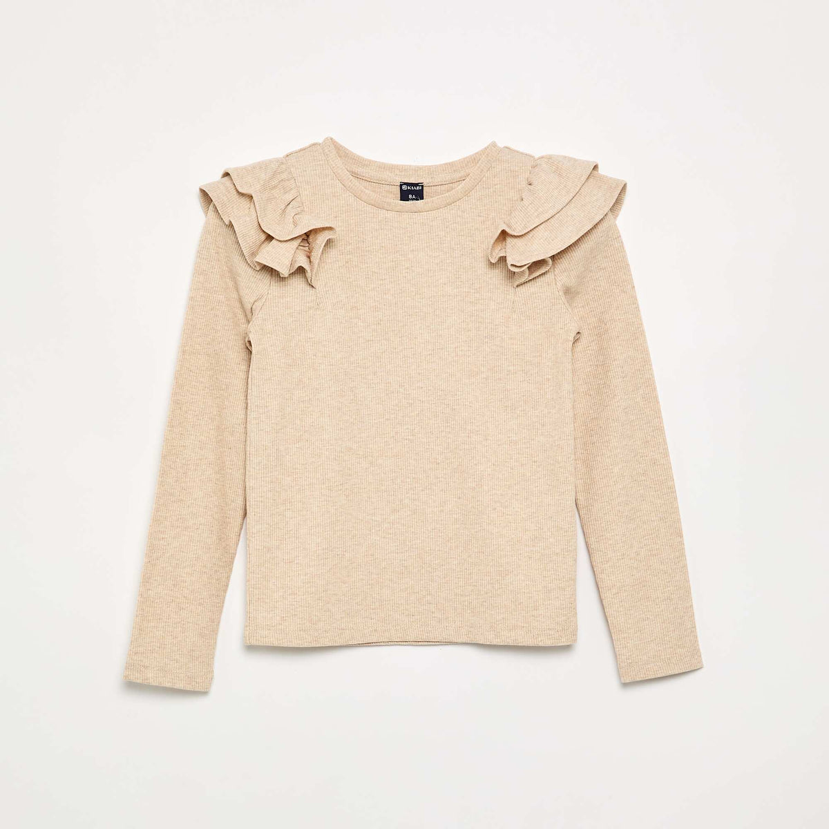 T-shirt à manches longues en maille côtelée BEIGE