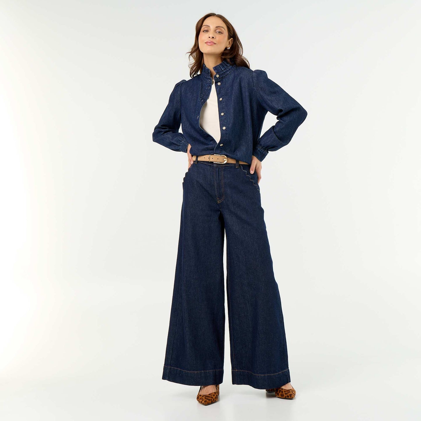 Blouse en denim avec col volanté BLEU