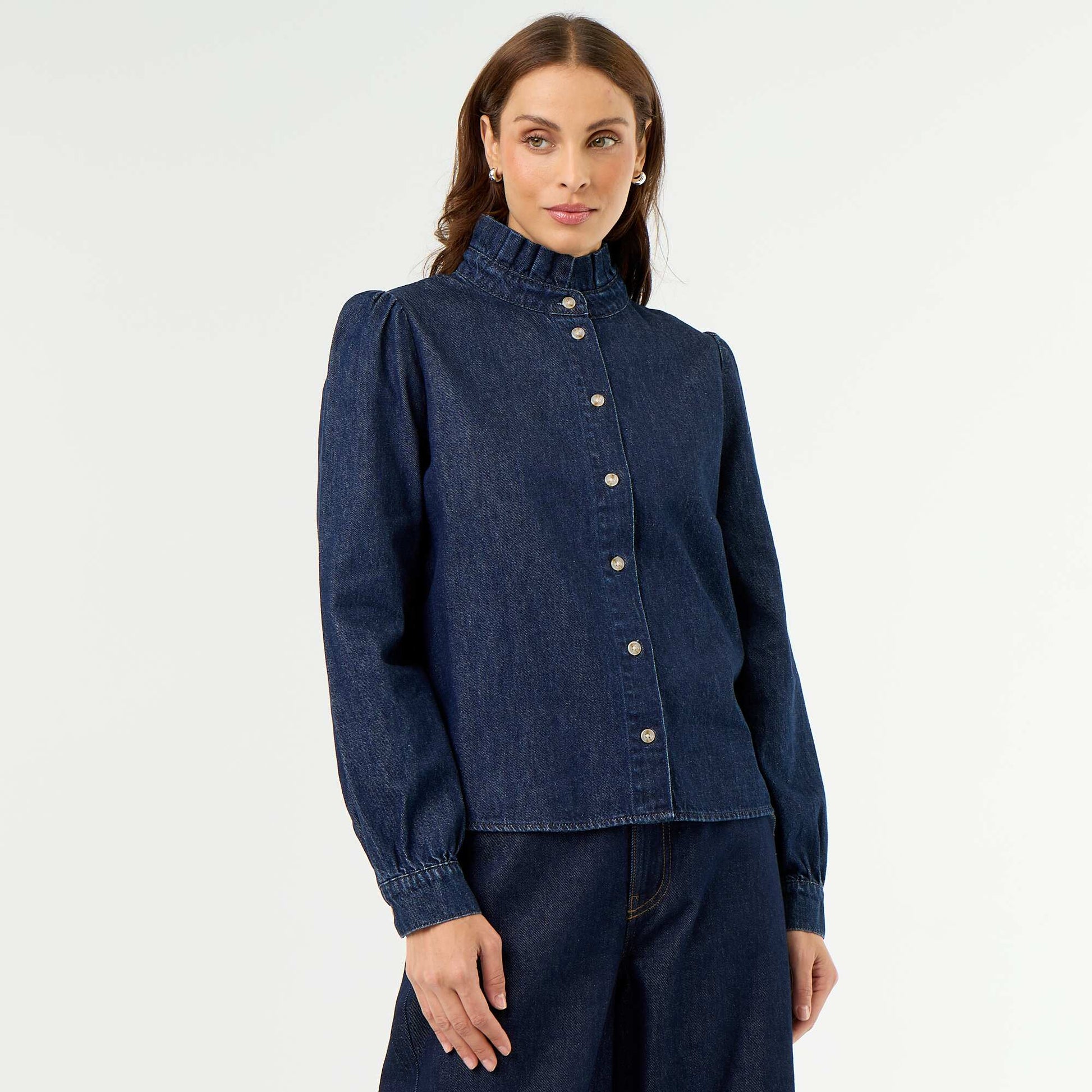 Blouse en denim avec col volanté BLEU