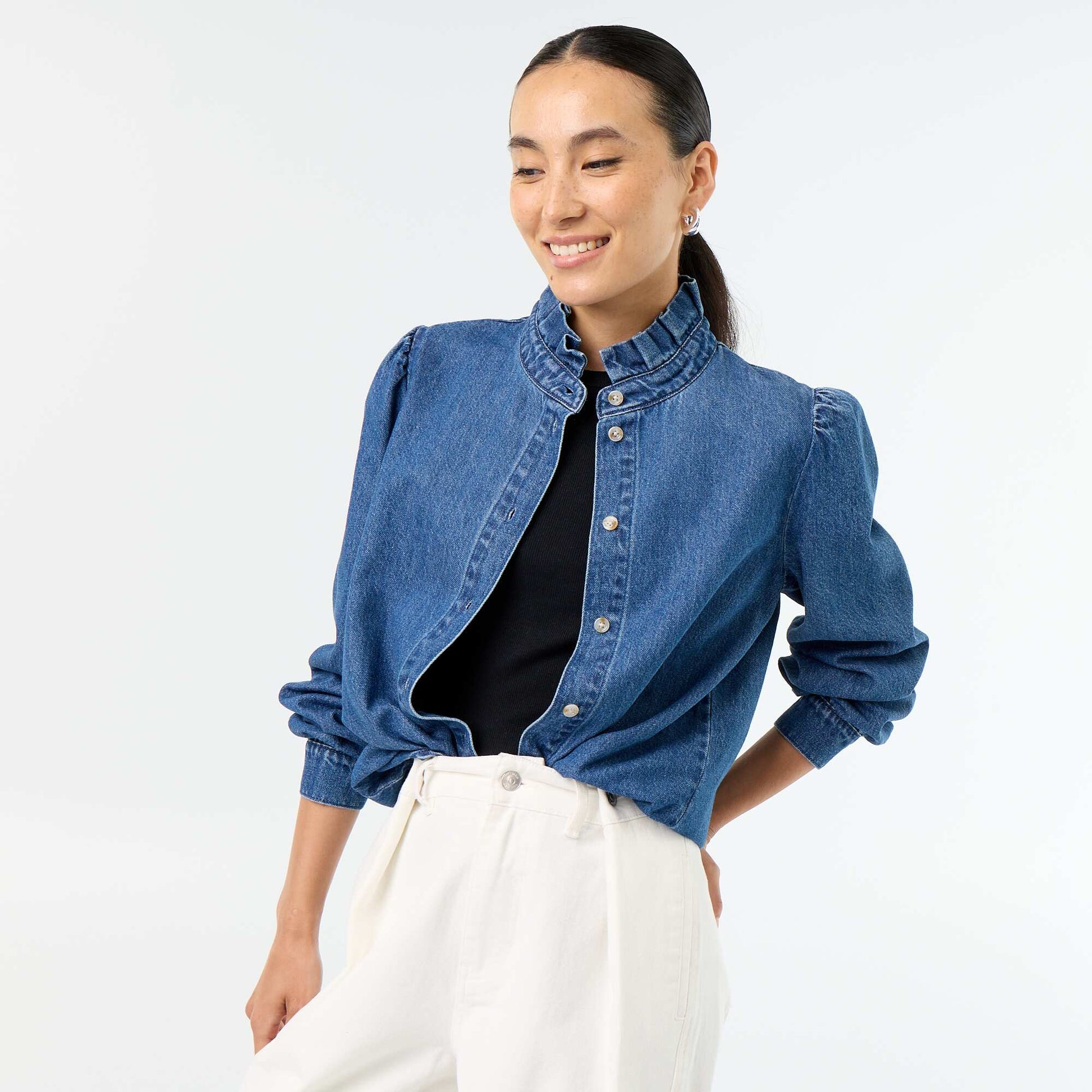 Blouse en denim avec col volanté BLEU