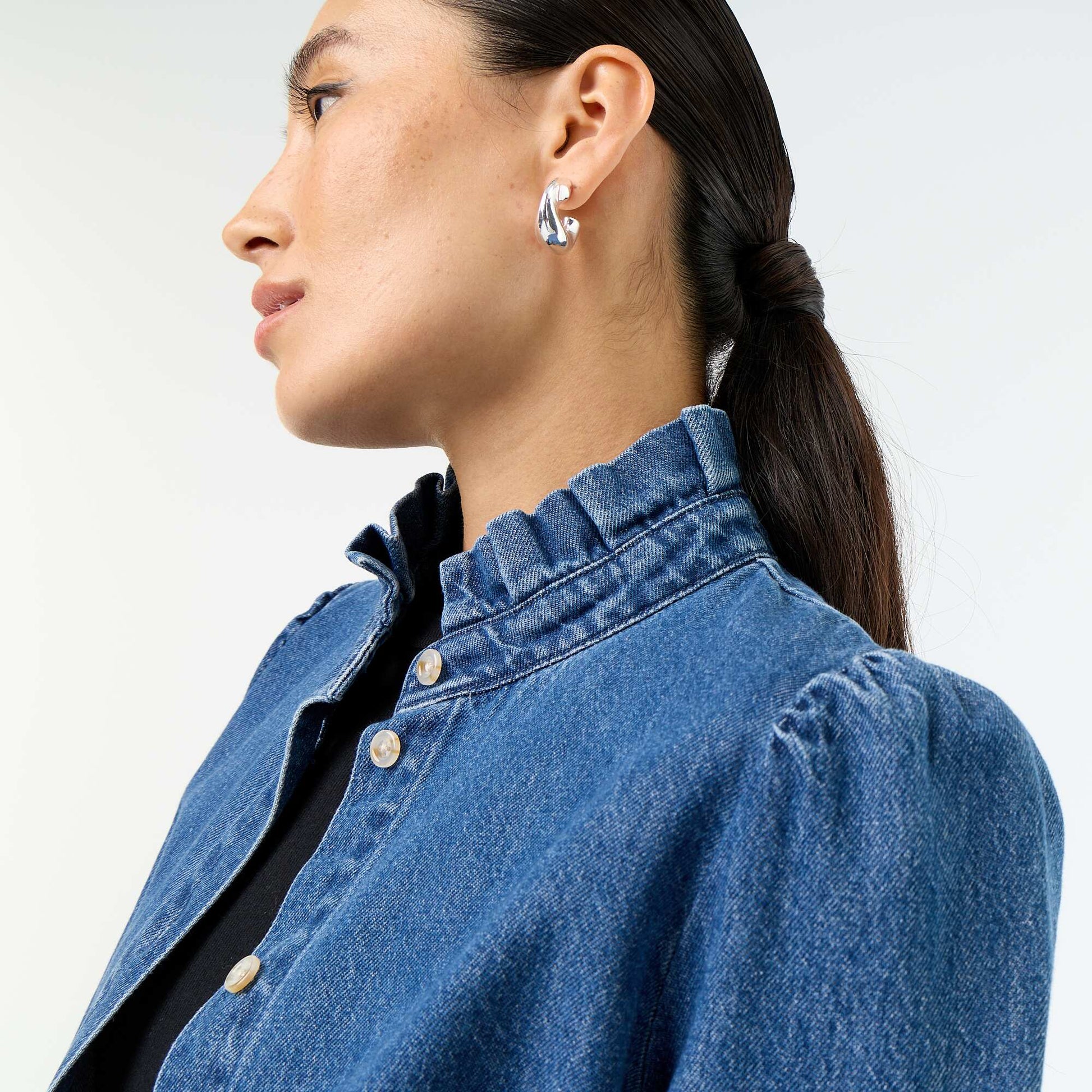 Blouse en denim avec col volanté BLEU