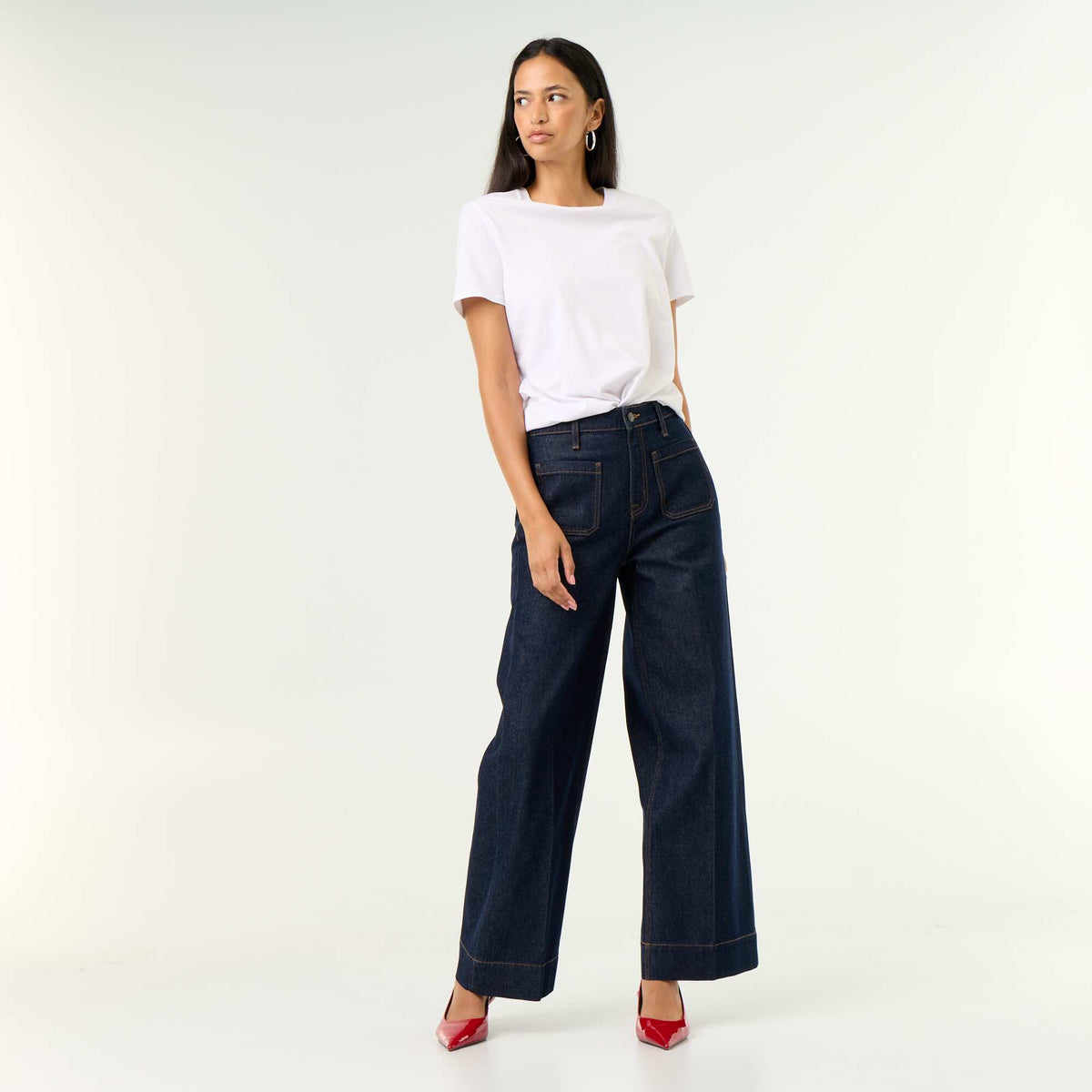 Jean large à taille haute avec poches plaquées BLEU