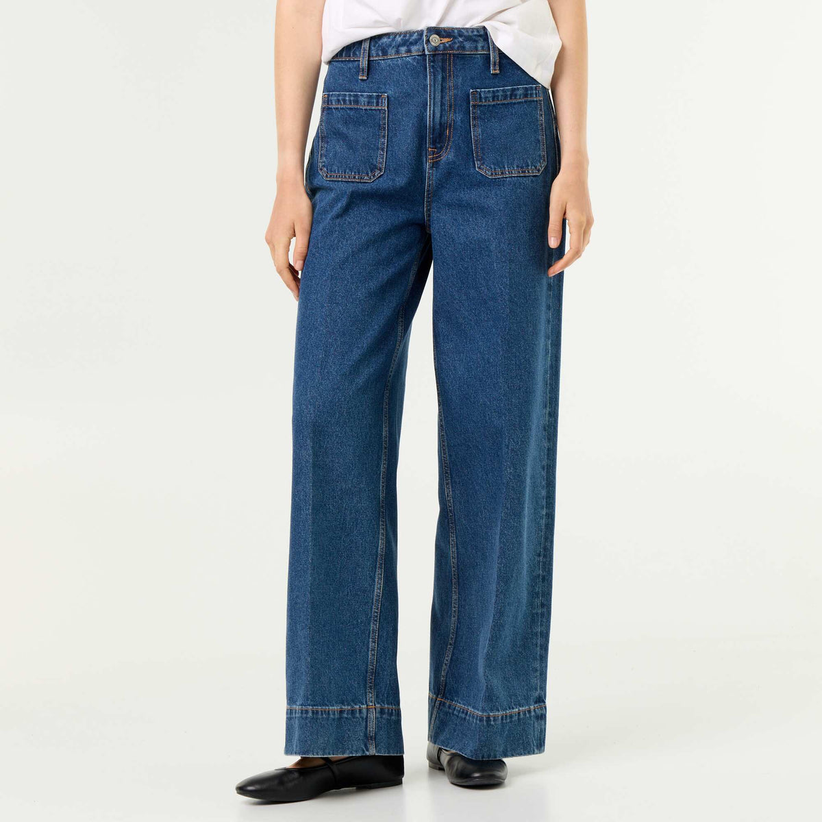 Jean large à taille haute avec poches plaquées BLEU