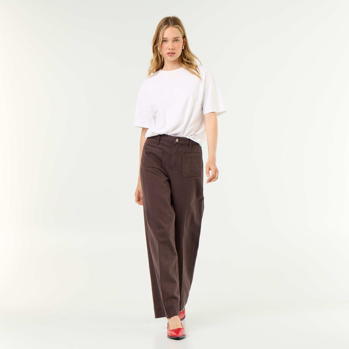 Jean large à taille haute avec poches plaquées MARRON