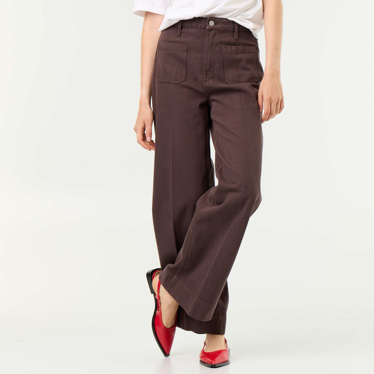 Jean large à taille haute avec poches plaquées MARRON