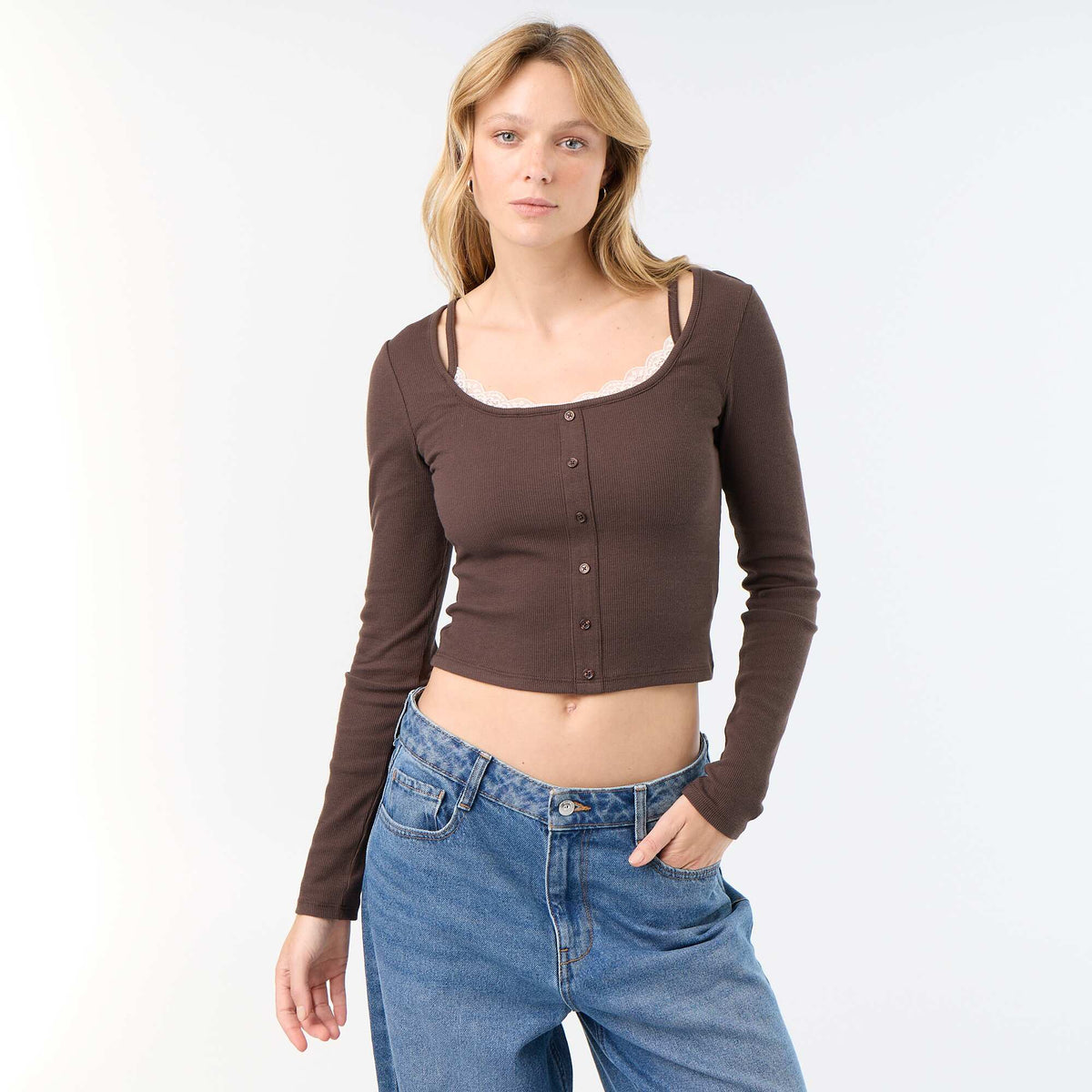 T-shirt débardeur 2-en-1 avec col dentelle MARRON